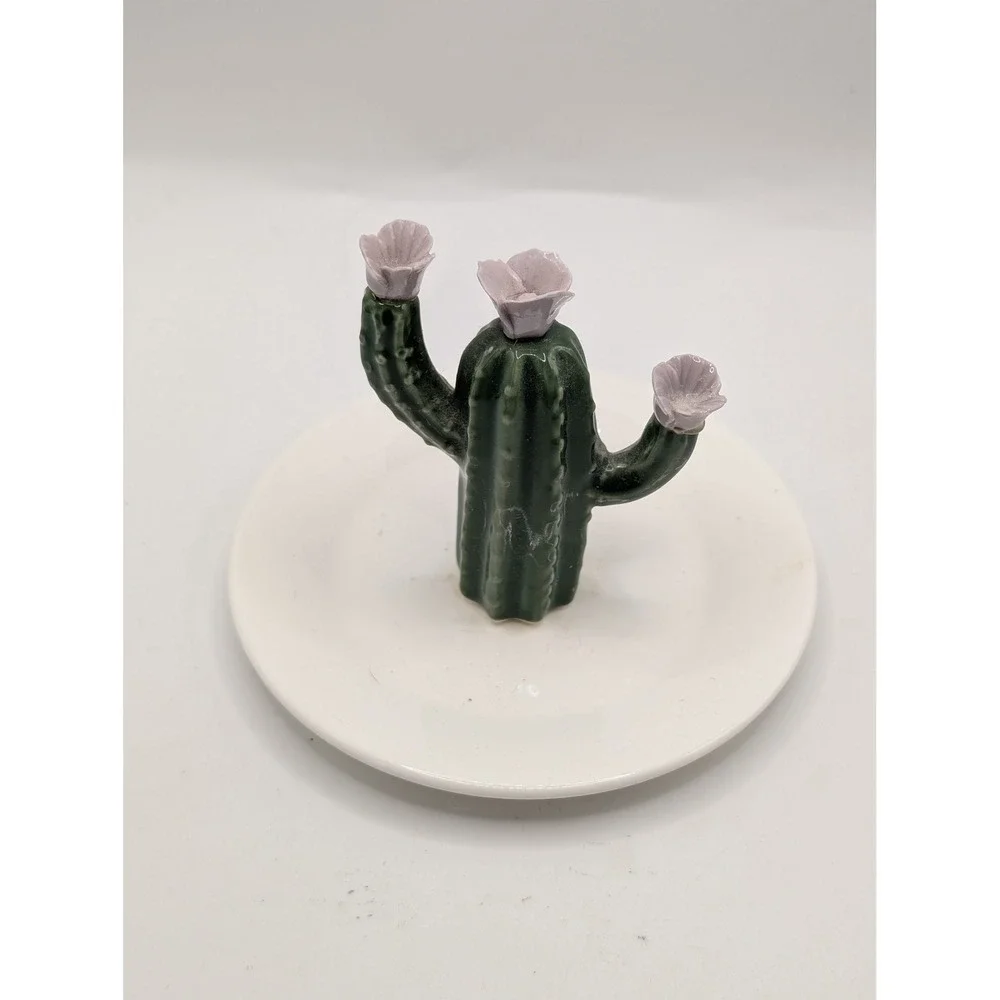 Ceramic Cactus Jewelry Dish Ring Holder Green Saguaro with Lavender Flowers 4in‎